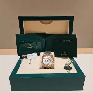 Rolex 42mm Oysterflex Sky-Dweller “White Dial” Yellow Gold in box