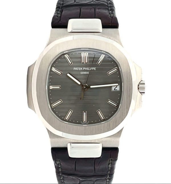 Patek Philippe 40mm Nautilus “Grey Dial” Leather Strap White Gold front