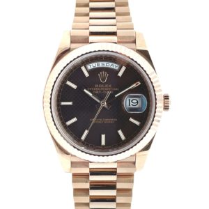 Rolex 40mm Day-Date “Chocolate Diagonal Motif Dial” Fluted Bezel Rose Gold front