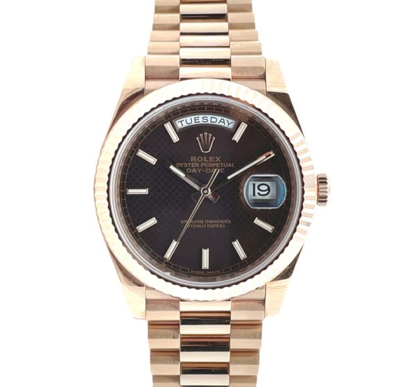 Rolex 40mm Day-Date “Chocolate Diagonal Motif Dial” Fluted Bezel Rose Gold front