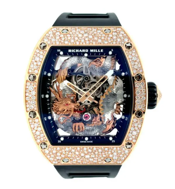 Richard Mille 42.7 x 50mm “Jackie Chan” Sapphire Dragon Tourbillon Snow-Set Rose Gold front