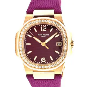 Patek Philippe 32mm Ladies Nautilus Quartz “Purple Dial” Rose Gold front