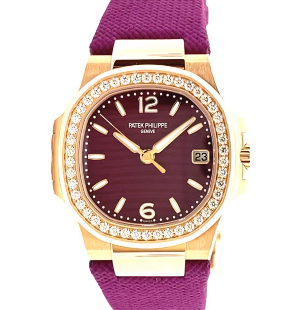 Patek Philippe 32mm Ladies Nautilus Quartz “Purple Dial” Rose Gold front