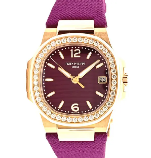 Patek Philippe 32mm Ladies Nautilus Quartz “Purple Dial” Rose Gold front