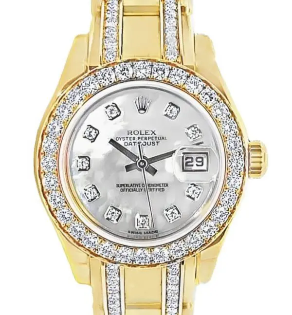 Rolex 29mm Lady-Datejust Pearlmaster MOP Diamond Dial & Diamond Bezel Yellow Gold front