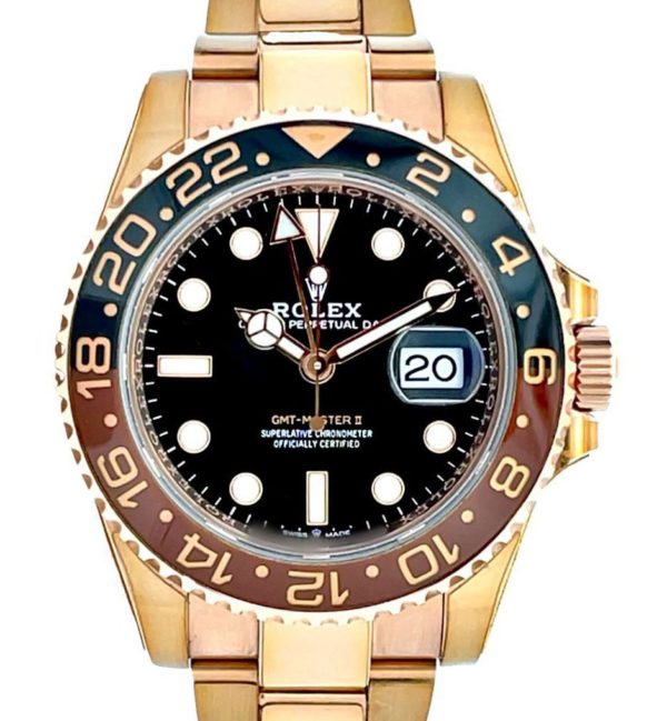 Rolex 40mm GMT-Master II “Rootbeer” Full Rose Gold front