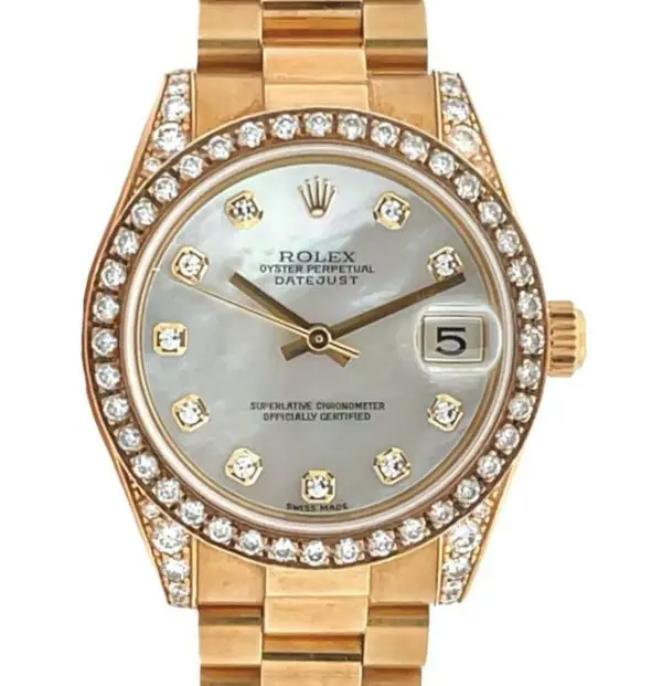 Rolex Datejust 31mm Yellow Gold Mother-Of-Pearl Diamond Dial President Bracelet front