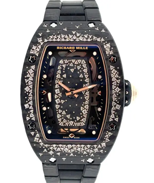 Richard Mille Ladies 45.66 x 31.4mm “Starry Night” Full Bracelet Carbon TPT Diamond Inlay Rose Gold front