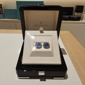 Patek Philippe Nautilus Cufflinks Sapphire Crystal and Blue Center White Gold in box