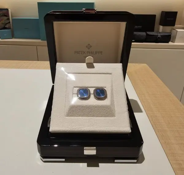 Patek Philippe Nautilus Cufflinks Sapphire Crystal and Blue Center White Gold in box