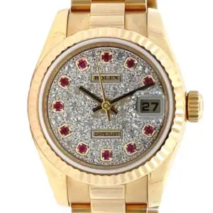 Rolex 26mm Datejust Pave Diamond Dial with Ruby Index President Bracelet Yellow Gold front