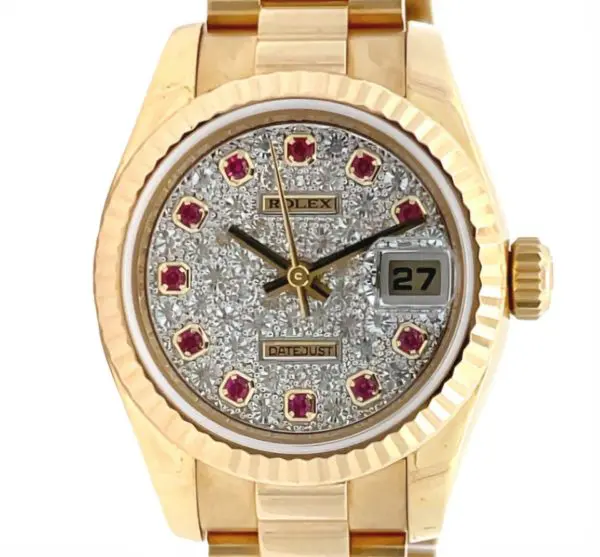 Rolex 26mm Datejust Pave Diamond Dial with Ruby Index President Bracelet Yellow Gold front