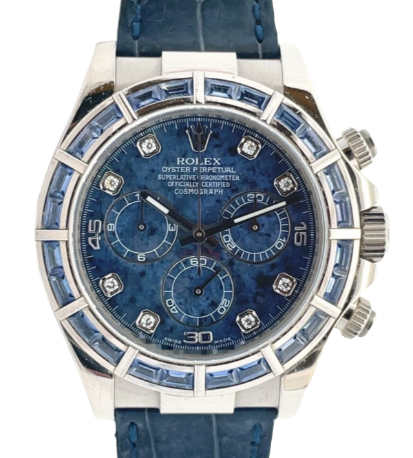 Rolex 40mm Daytona Sodalite Dial Blue Sapphire Bezel with 8pts Diamond Index White Gold front