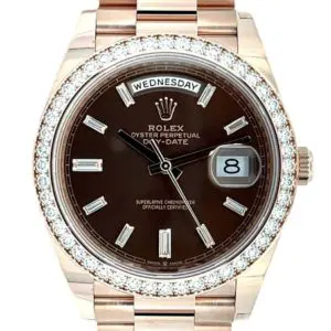 Rolex 40mm Day-Date Chocolate Dial Diamond Indexes with Diamond Bezel Rose Gold front