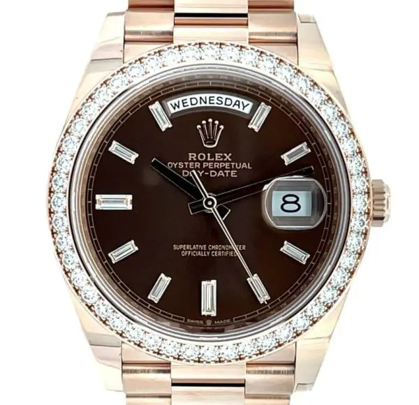 Rolex 40mm Day-Date Chocolate Dial Diamond Indexes with Diamond Bezel Rose Gold front