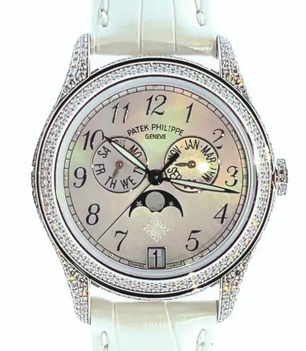 Patek Philippe 37mm Ladies Annual Calendar MOP Dial Diamond Settings White Gold front