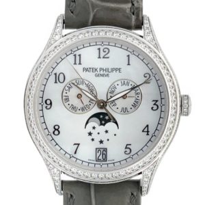 Patek Philippe 38mm Annual Calendar MoonPhases MOP Dial Paved Diamonds Bezel White Gold front