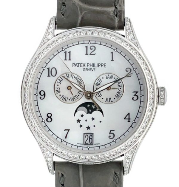 Patek Philippe 38mm Annual Calendar MoonPhases MOP Dial Paved Diamonds Bezel White Gold front